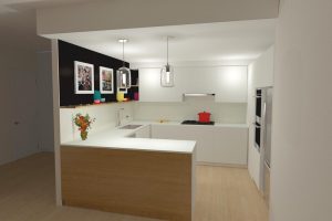 White, black and timber kitchen rendering