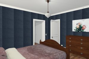Master bedroom with grasscloth wallpaper / Design