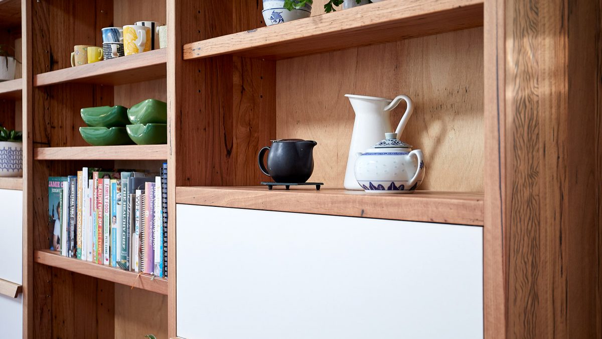 Timber bookcase shelf detail