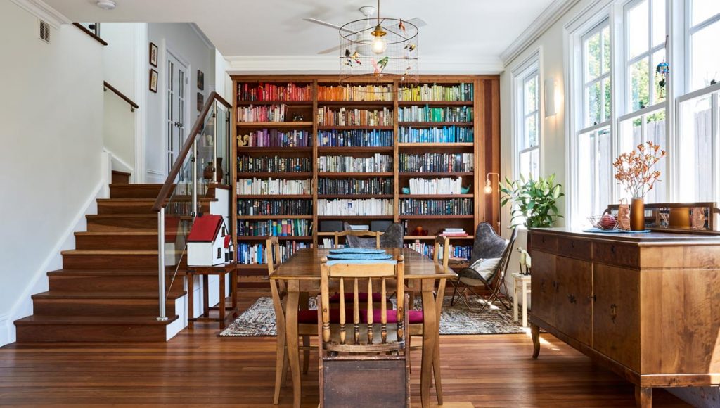 Dining room with custom bookcase